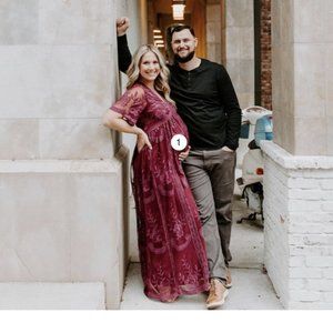 Pinkblush Maternity Deep Burgundy Lace Mesh Overlay Maxi Dress